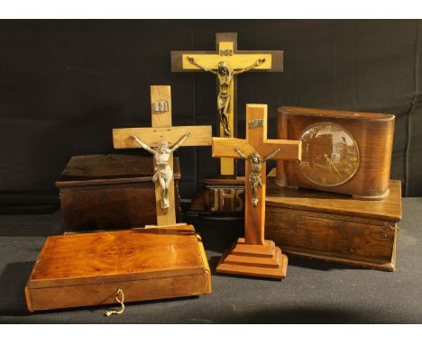 Boxes and Objects- a 1930's mantle clock, oak box, crucifixes, etc 