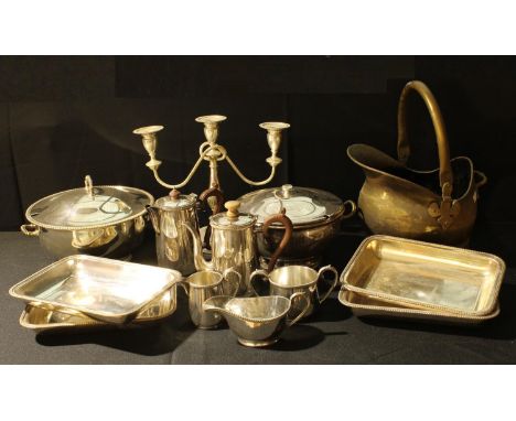 Plated Ware - an EPNS three branch candelabra; coffee pots; four entree dishes; other vegetable dishes; a milk jug and sugar 