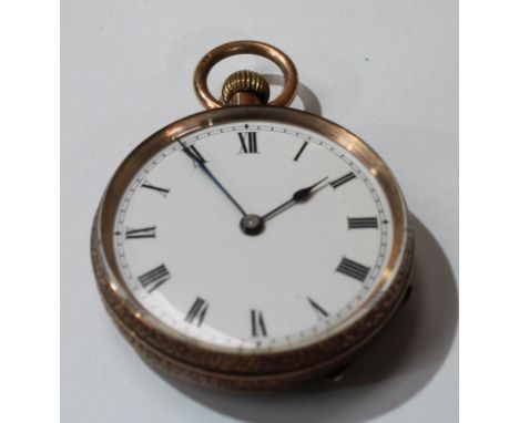 A 9ct rose gold lady's open face pocket watch, white enamel dial, Roman numerals, 5cm over suspension loop, 28g 
