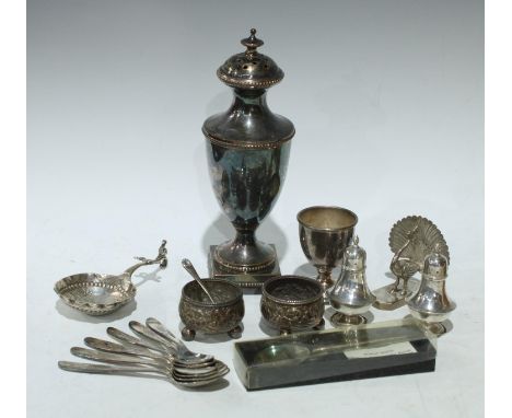 A pair of Victorian open salts, embossed with foliate scrolls, ball feet, London 1876;  a pair of silver pepper pots and salt