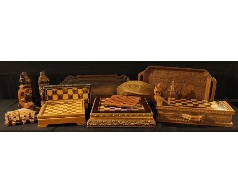 Boxes &amp; Objects - a carved wooden chess and backgammon board; other chess boards; carved wooden trays, figures, etc 