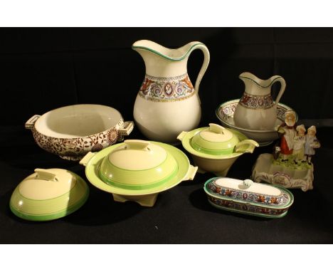 A Minton Florentine pattern wash jug and bowl, soap dish, larger water jug, registration lozenge for 1862; an Art Deco Royal 