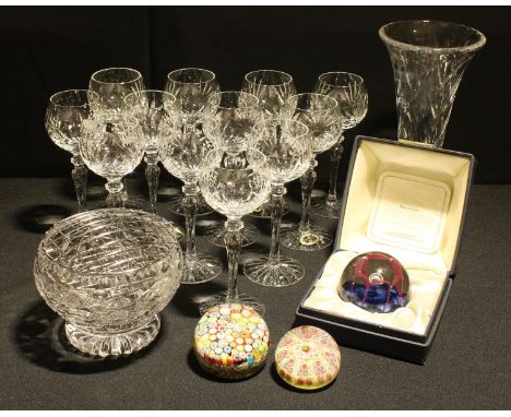Glassware - a set of twelve cut glass hock glasses; a Caithness May dance, paperweight, certificate, boxed; an Italian Millef