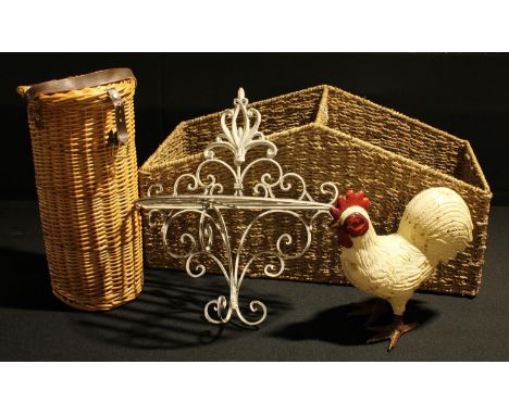 A cast iron cockerel doorstop, 25cm; a wicker basket; a wrought iron bracket shelf; etc (4) 