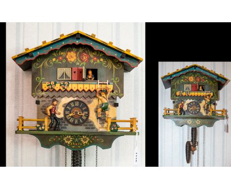 Black Forest E. Schmeken Becher Musical Animated Cuckoo Clock. Titled ' The Farmers Daughter Eloping ' c.1980's. Wonderful An