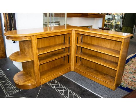 Corner Book Shelf Of Low Form With Four Book Shelves To Underneath. Blonde elm, mid-century style modular unit in good condit