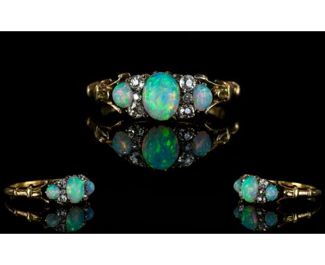 Antique Period - Attractive 18ct Gold Opal and Diamond Set Dress Ring. The Three ( 3 ) Opals Set with Diamond Spacers. Both O