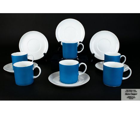Susie Cooper Wedgwood Six Demitasse Coffee Cans Bone china espresso cups and matching saucers in 'Kingfisher' design, no. C21