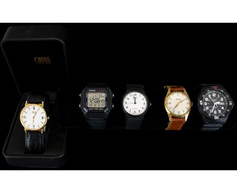 A Collection of Gents Wristwatches. To include Cross Boxed watch with black leather strap, Casio digital watch, two Casio Spo