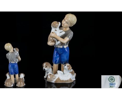 Royal Copenhagen Hand Painted Ceramic / Porcelain Group Figure ' Pointer Puppy with Little Boy ' No 362. 1st Quality and Mint