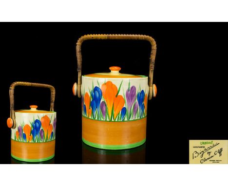 Clarice Cliff Large Hand Painted Round Shaped Lidded Biscuit Barrel, In The ' Crocus ' Design. Date 1929 ' Bizarre ' Range. W