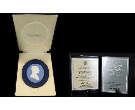 Wedgwood Portrait Medallion The Duke Of Edinburgh Ltd 1000 No 143. Silver Jubilee 1952 -1977. Pale blue and portland blue jas