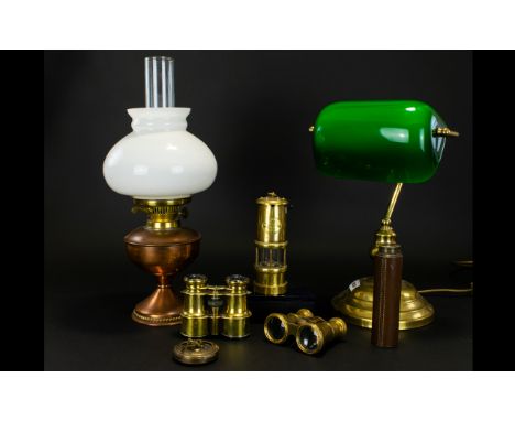 Mixed Lot Comprising Leather Clad Three Draw Telescope Marked Britannic, Small Minors Lamp, Two Pairs Of Jockey Club Style Bi