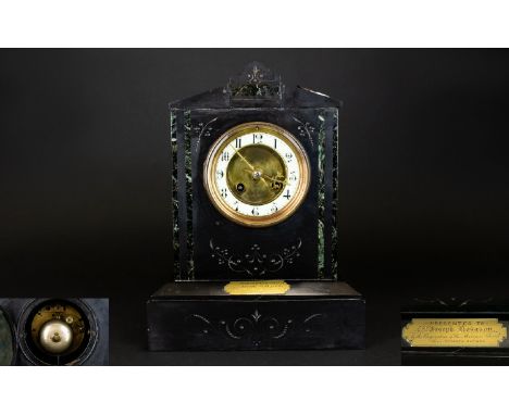 Jappy Freres 19th Century Nice Quality And Impressive Black Marble 8 Day Mantel Clock.  Striking on a bell with outer wheel p