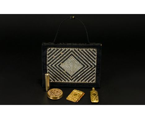 Art Deco Silk Moire And Diamonte Evening Clutch With Original Accessories A wonderful 1920's textured black silk envelope sty