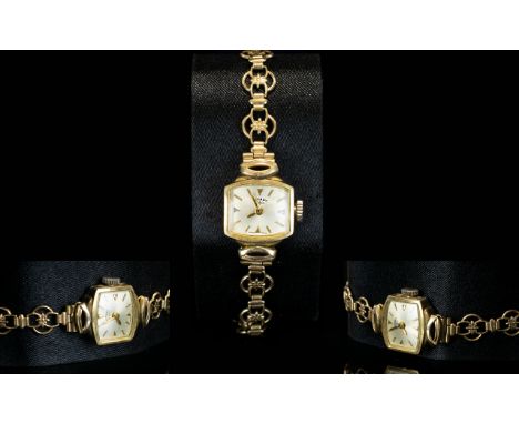 Rotary 9ct Gold Cased - Mechanical Wind Wrist Watch, with 9ct Gold Attached Ornate Bracelet. Fully Hallmarked. c.1960's. Not 
