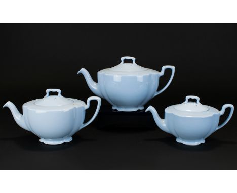 Three Teapots by Johnson Bros England ceramic teapots in 'Greydawn' design powder blue, fluted design body of descending size