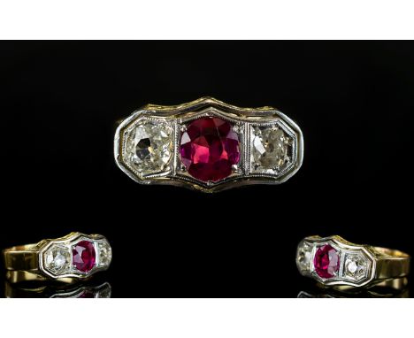 Antique Period - Very Attractive 18ct and Platinum Pave Set 3 Stone Diamond and Ruby Ring. The Ruby Flanked by Two Old Cut Ro