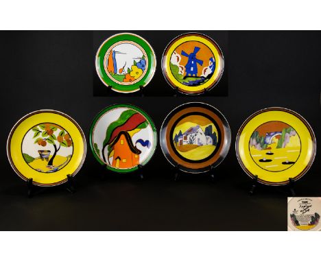 Clarice Cliff Wedgwood Ltd and Numbered Cabinet Plates ( 6 ) Six In Total. Comprises 1/ Applique - Design Bizarre Range. No 1