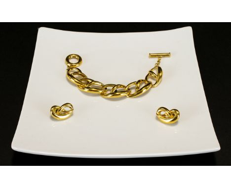 Jivenchy Vintage 1980's Gold Tone Link Bracelet and Matching Earrings Statement bracket comprising five links in the form of 