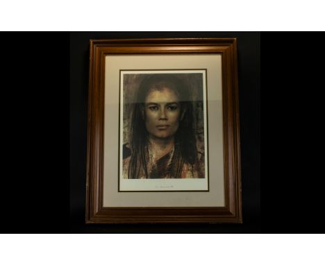 Large Framed Print by Pietro Annigoni Housed in Contempory wood frame in a card mount, depicts female portrait in earth tones