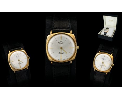 Rotary - Gents Slim line / Elegant 9ct Gold Cushion Cased 21 Jewels - Incabloc Mechanical Wrist Watch with Attached Leather S