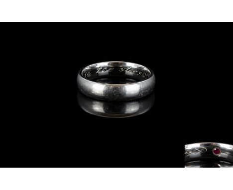 Palladium Wedding Band with Ruby Set to Interior of Shank. Marked P D 950. Ring Size - S. AN5. 6.2 grams. Excellent Condition