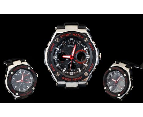 Contempory Fashion Watch, black rubberised sports watch with statement chronograph dial, marked to face 'sanda' very good con