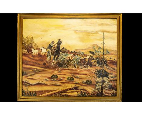 Original Oil On Canvas Depicting The Wild West Large original oil signed to bottom left 'R Graham, 1978' Depicts a dynamic fr