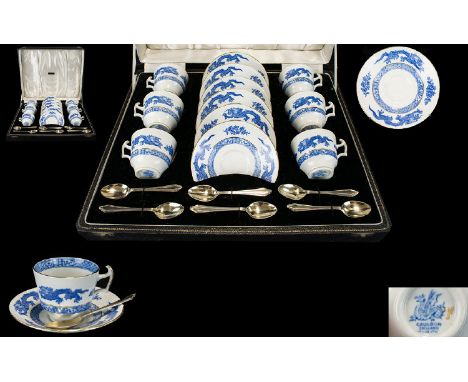 Cauldon Blue Dragon Coffee Set In Presentation Case. 6 Cups, 6 Saucers, 6 Spoons. Retailed by Fattorini and Sons, Goldsmiths,