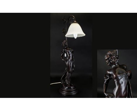 Modern Bronzed Effect Figural Table Lamp, In The Form Of A Classical Maiden, Branch Support, Single Frosted Glass Shade, Heig