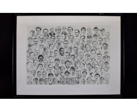 Cricket Interest Framed Signed Print 'Somerset Cricketers Past And Present' By Mike Tarr Large framed black and white print d