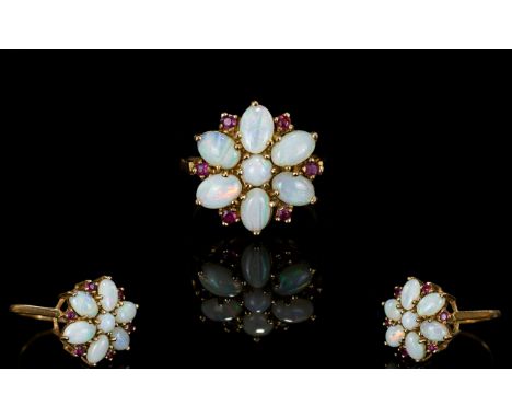 Ladies 9ct Gold - Attractive Opal and Garnet Set Cluster Ring, Flower head Design, The Seven Opals Interspaced with Garnets a