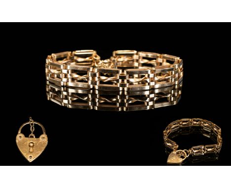 Ladies 9ct Gold 3 Bar Gate Bracelet with Heart Shaped Padlock and Safety Chain. Not Marked But Tests 9ct Gold. 19 grams - Ple