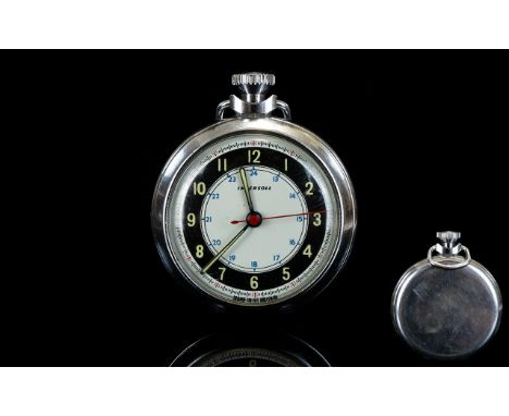 Ingersoll - Early Chrome Cased Screw Back Pocket Watch. With 24 Hour Markers and 60 Minute Markers and Seconds, Red Hand Seco