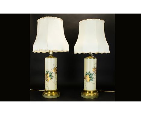 A Pair of Canadian Tall and Impressive Cylindrical Shaped Ceramic and Brass Mounted Table Lamps of Excellent Form. The Cerami