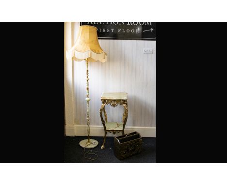 Ornate Green Onyx Hall Stand / Jardinerre Tall two tier green onyx table with decorative apron and brass claw feet. Along wit