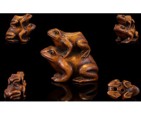 Japanese - 19th Century Superb Quality Carved Boxwood Signed Netsuke. Depicts Two Frogs / Toads, The Baby From Sitting Upon T