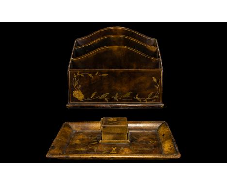 Antique Tooled leather Letter Rack Three aperture desk standing stationary organiser with aged leather patina and tooled flor