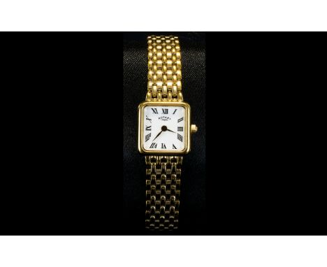 Ladies Rotary Gold Plated Wrist Watch Panther style bracelet, white enamel dial with quartz movement and Roman numerals
