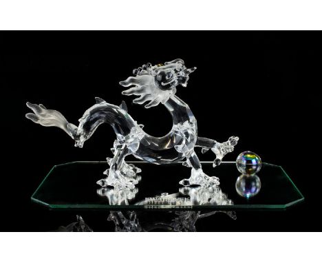 Swarovski Crystal Figure ' Fables and Tales ' Grouping Dragon and The Pearl of Wisdom with Stand. Designer Gabrielle Stamey. 