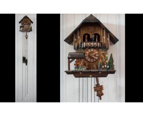 Black Forest - Hand Carved Chalet Style - Musical 8 Day Cuckoo Clock of Excellent Quality and Proportions. Features Swiss Mus