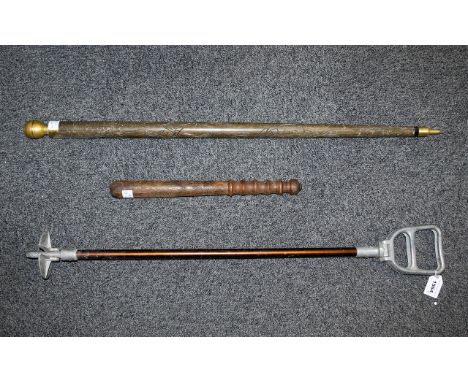 Snooker/Pool Cue In The Form Of A Walking Stick. Together With A Shooting Stick And A Turned Truncheon. 