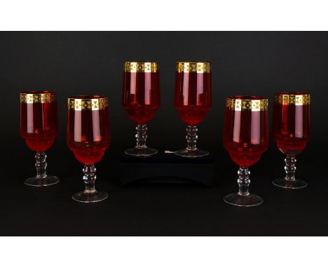 Venetian 1960's Set Of Six Hand Blown Ruby Glass Goblets with painted gold bands to neck. Stunning condition and quality from