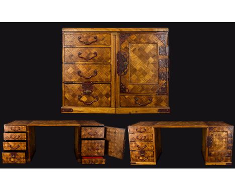 Japanese Antique Tansu, Parquetry Travelling Writing Desk, The Removable top flanked by four drawers And A Cupboard, Red Lacq
