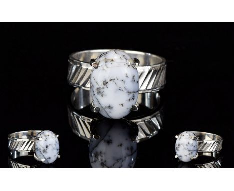 Dendritic Opal Solitaire Ring, a 6ct cabochon cut of an unusual opal, the white, black and grey dendritic opal, an attractive