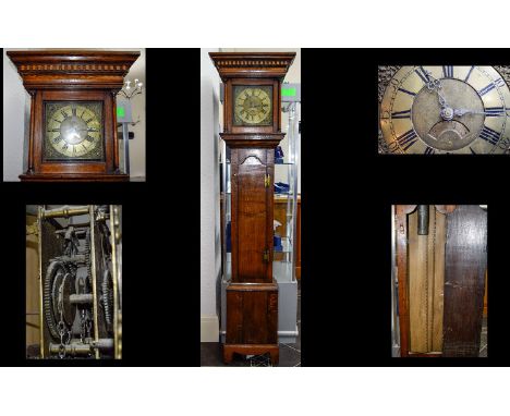 George II - Flat Top Oak Cased Long Case Clock with Brass 10 Inch Square Dial. The Dial with 30 Day Calendar Aperture. c.1730