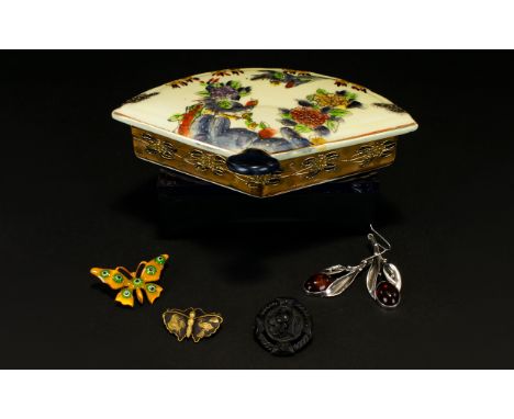 A Ceramic Chinese Trinket Box In The Form Of A Fan Containing Four Items Of Costume Jewellery Cream ceramic trinket box decor