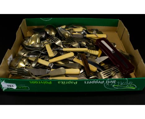 A Large Collection of Silver Plated Flatware, Including Knives, Forks, Ornate Serving Spoons, Chrome Plated Spoons, Bone Hand