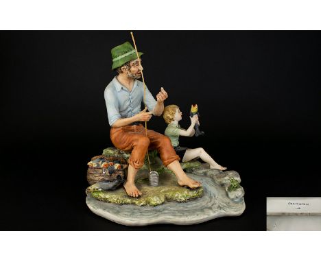 Capodimonte Early Hand Painted And Signed Ceramic Figure Father and son fishing on the beach, signed to base, 10.5 inches, 26